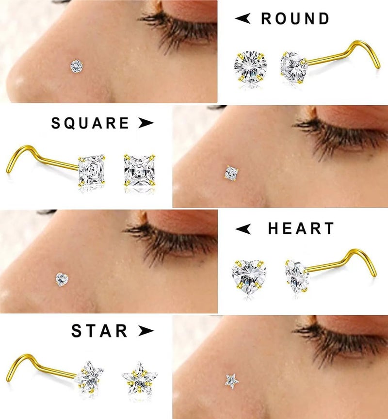 SEEDRILL 8Pcs 20G Nose Rings studs for Woman Hypoallergenic Nose Studs 316L Surgical Steel with Gold Plated Nose Piercings Jewelry 3mm CZ L Shape Nose Rings 20 Gauge Nose Stud Nose Screw Studs - Image 2